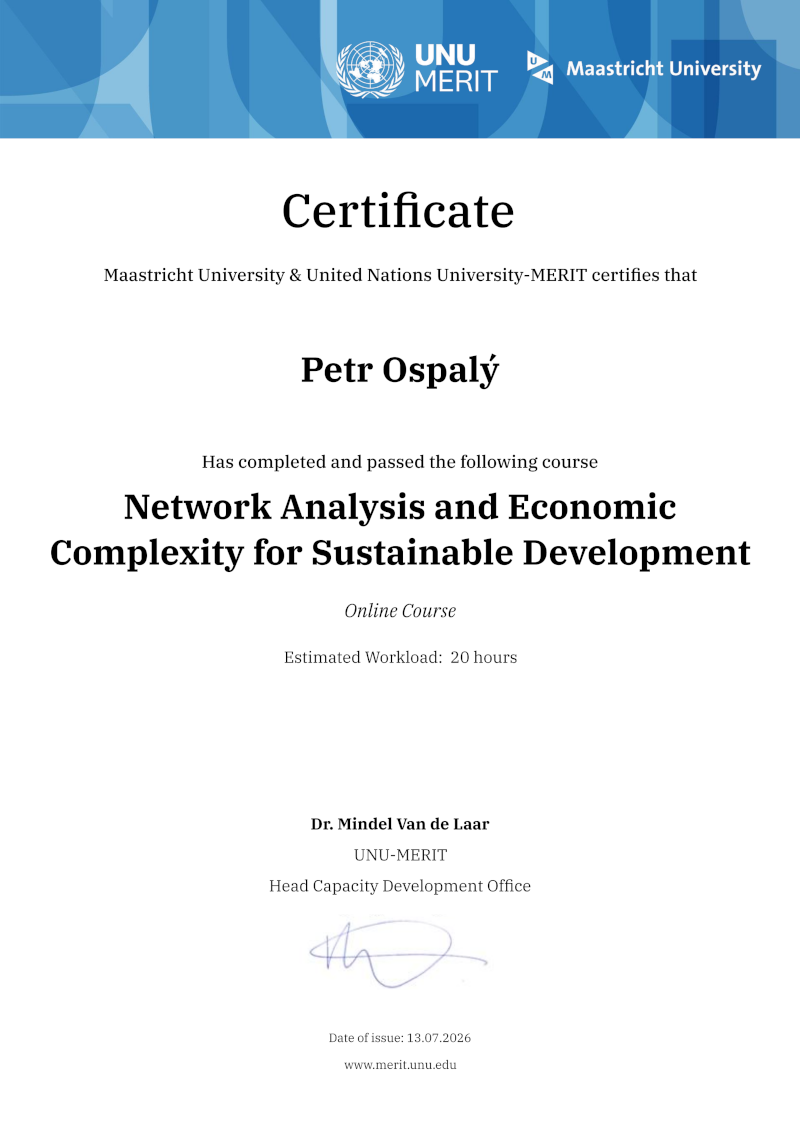 My Certificate from UNU MERIT on Network Analysis and Economic Complexity